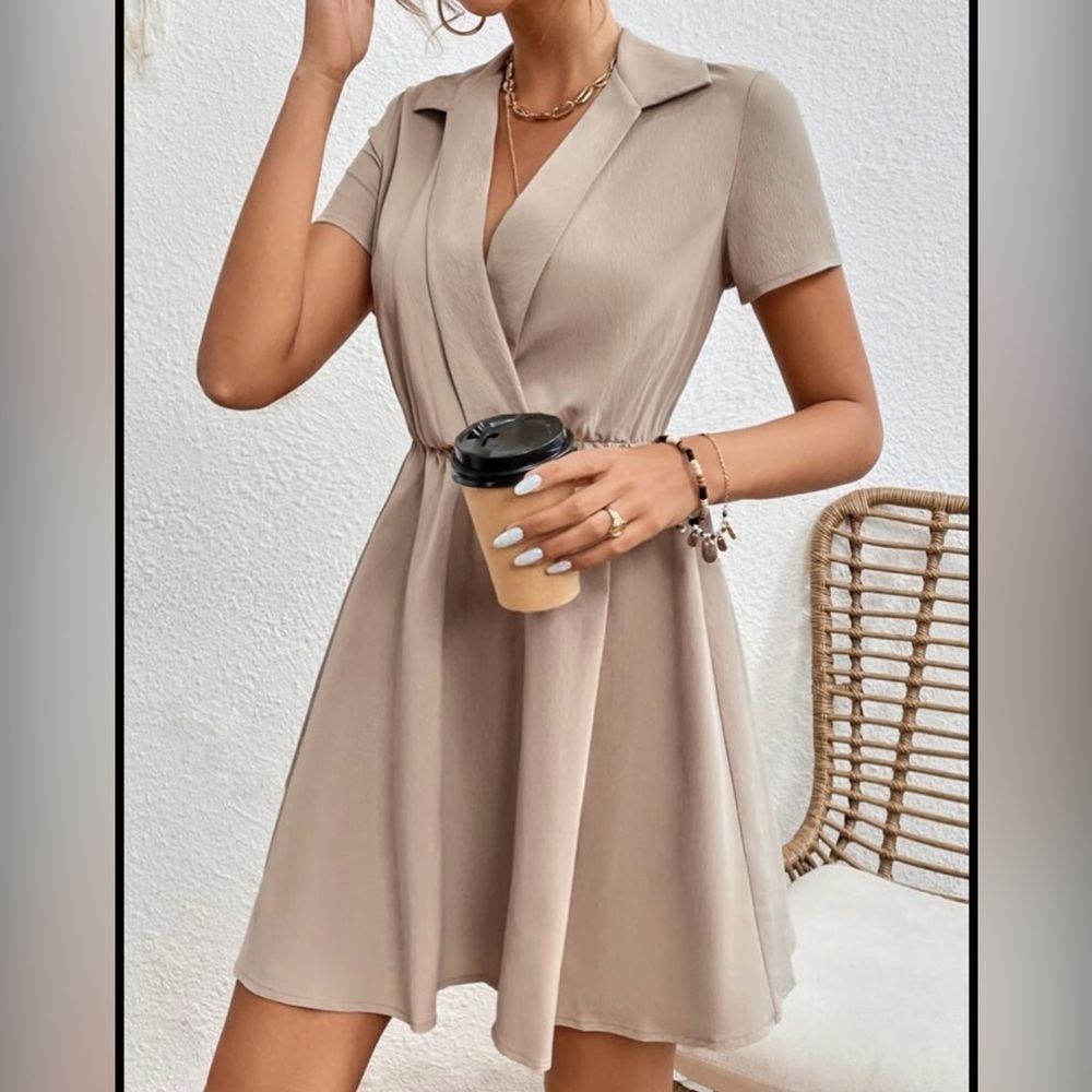 SHEIN Women's Beige Wrap A-Line Knee Length Dress Size XS Casual Summer - Picture 3 of 7